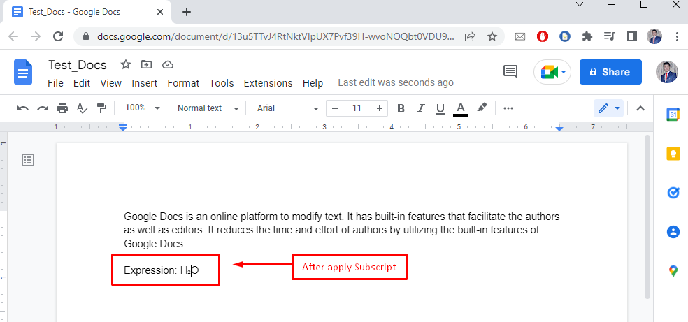 keyboard shortcut for subscript google docs