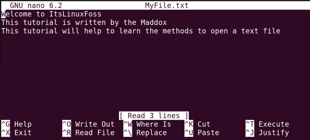 open text file linux