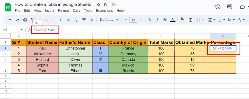 Create a Table in Google Sheets 10