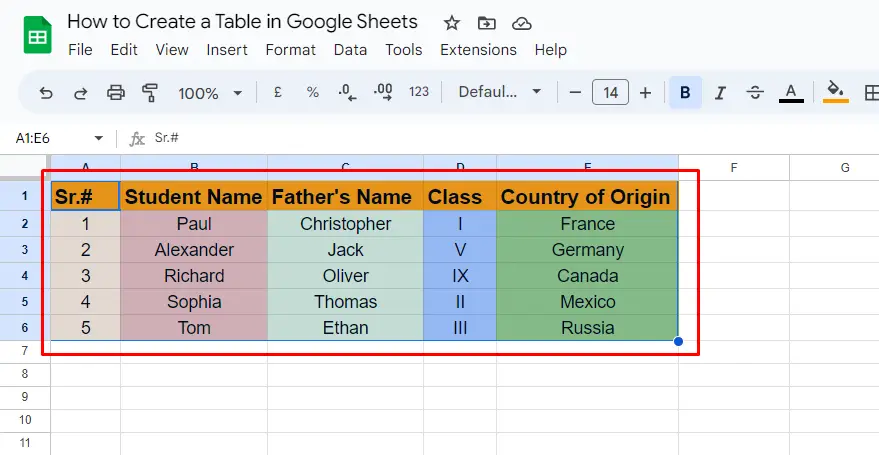 Create a Table in Google Sheets 5