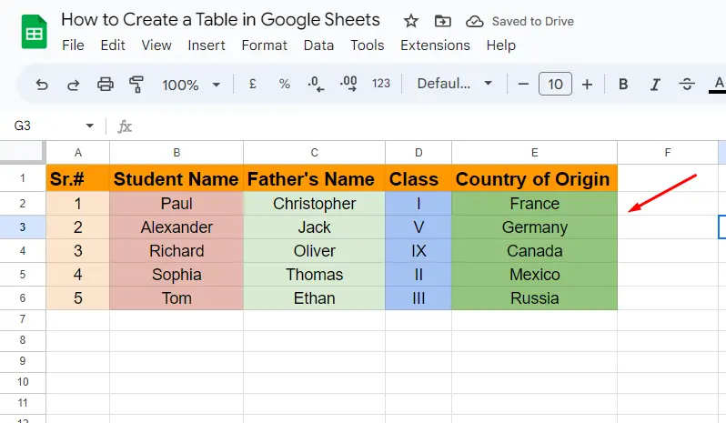 Create a Table in Google Sheets 6