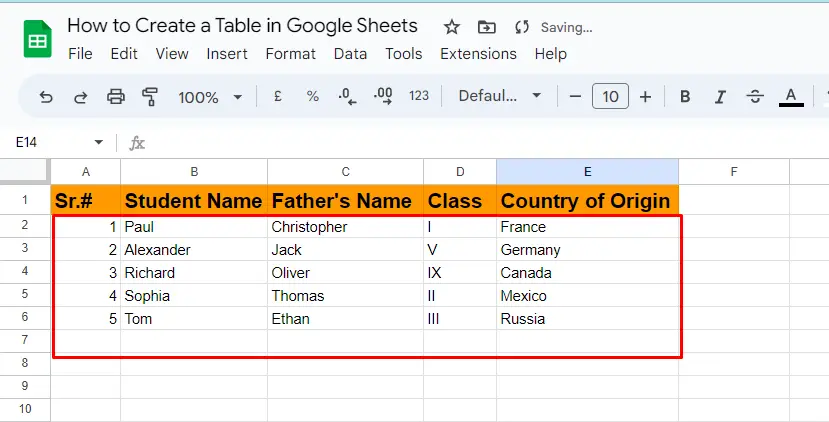 Create a Table in Google Sheets 4