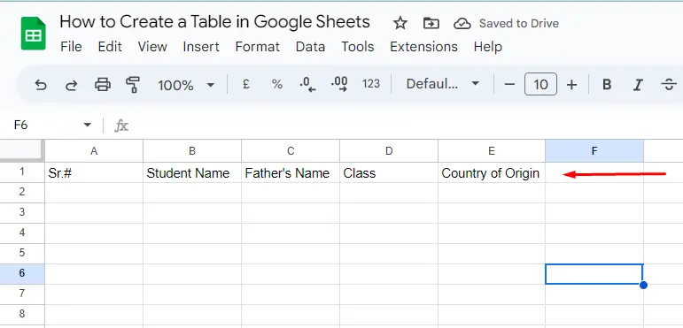 Create a Table in Google Sheets 1