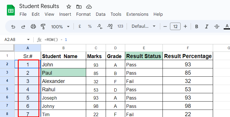 Number Rows in Google Sheets 12