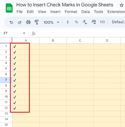Insert Check Marks in Google Sheets 2